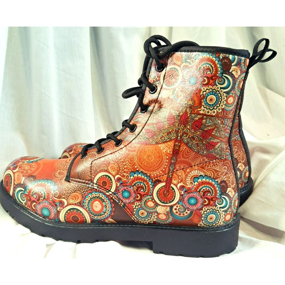 Mandala Orange Dragon Fly Womens 11 Wide Mens 8.5 Eu 42 Combat Boots Vegan - Picture 4 of 8